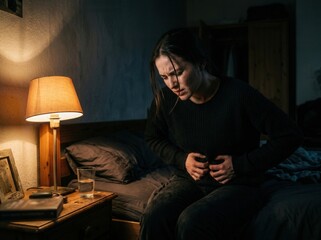 Fototapeta premium A Young Woman In Pain Experiencing Stomach Discomfort During The Night