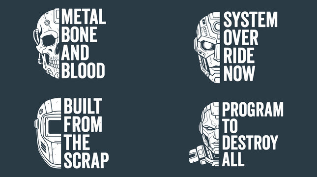 Set of four cybernetic robot head with half human skull and half mechanical parts accompanied by bold white text slogans on a dark grey background, for apparel