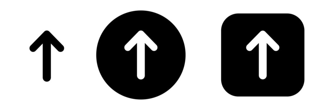 Scroll top navigation icon set in button style with up arrow symbol. Upload, back to top and move up icons for app, web and UI actions