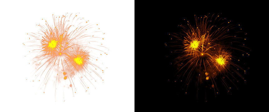 Golden fireworks explosion on black and white backgrounds, festive firework sparks for celebration, glowing pyrotechnic display for holiday events