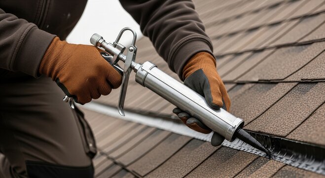 Roofer using sealant gun to fill seam on house roof shingles. Man applying adhesive with caulking tool for construction maintenance. Professional exterior waterproofing repair service.
