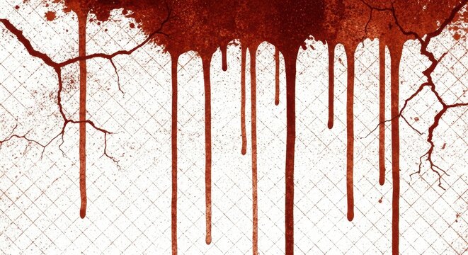 Abstract background of red paint or blood splatters and drips on a cracked white tiled surface for horror themes.