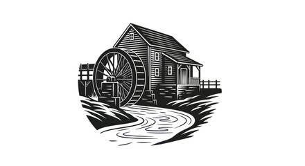 Old water mill house with wheel by a stream in woodcut style © wowok