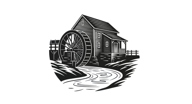 Old water mill house with wheel by a stream in woodcut style