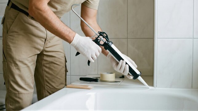 Man using caulking gun to apply white silicone sealant into bathtub seam. Professional handyman sealing bathroom tile joint for waterproof renovation. Home improvement and maintenance work.