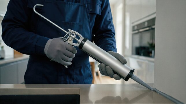 Man worker using caulking gun to apply silicone sealant on kitchen countertop joint. Professional renovation and home improvement construction work for interior maintenance and sealing.