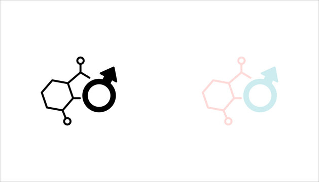 Male hormone molecule line icon  set. with masculine gender symbol. Medical and scientific outline illustration representing testosterone, hormones, biochemistry, and healthcare concepts.