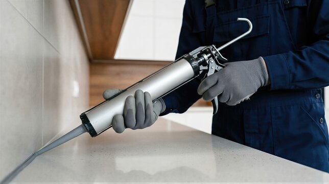 Worker using caulking gun to apply silicone sealant on kitchen countertop gap. Professional tradesman sealing joints for waterproof renovation. Home improvement and construction maintenance.