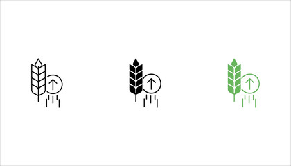 Clean outline icon  set. showing a wheat stalk with an upward arrow representing agricultural growth, productivity, sustainability, and farming development. © Muhammad
