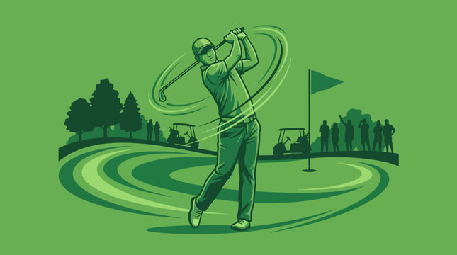 An athletic golfer swinging club in green course isometric illustration