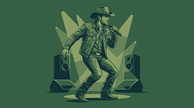 An isometric illustration of a man wearing a cowboy hat and leather jacket performing on stage with speakers