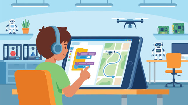 Enthusiastic boy codes a drone's flight path on a digital tablet, fostering early STEM skills and robotic exploration in a modern tech lab