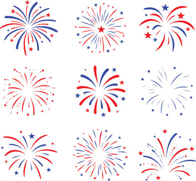 fireworks vector icon set red and blue bursts and stars 4th july anniversary