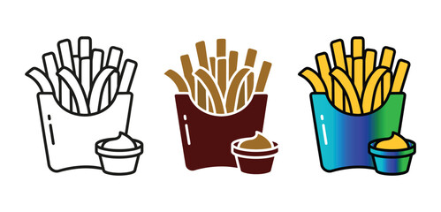 Fototapeta premium French fries with sauce vector icon set line and flat style