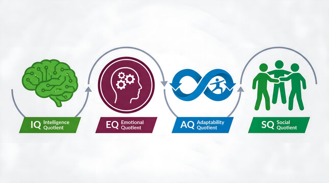 IQ EQ AQ and SQ framework infographic illustrating intelligence, adaptability, emotional and social skills