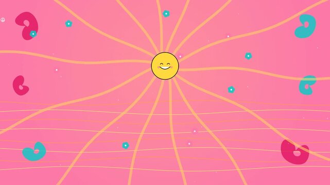 Colorful Motion Animation of Smiling Sun Radiating Brightness with Dynamic Abstract Shapes in Vibrant Pink Background.