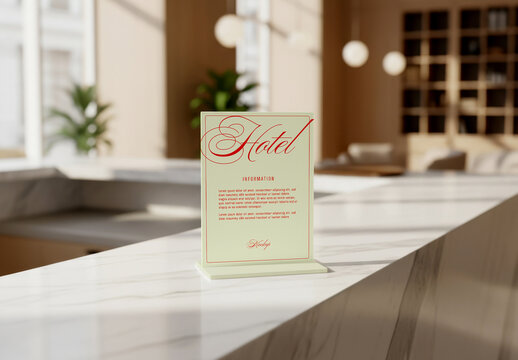 Table Card Holder Mockup in Hotel Lobby