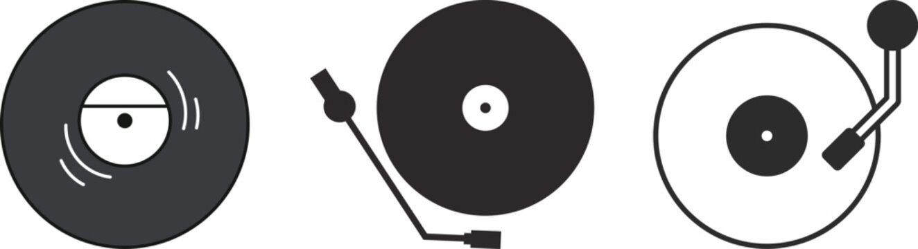 record vinyl icon set, The view from the top. Gramophone LP vinyl record. Retro design. Old CDs, music. DJ equipment for disco or techno party. discotheque nostalgia concept. Vector graphic design 