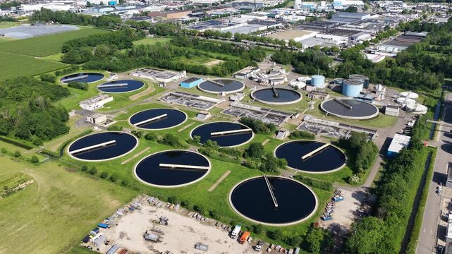 Aerial view of wastewater treatment plant and sewage clarifiers