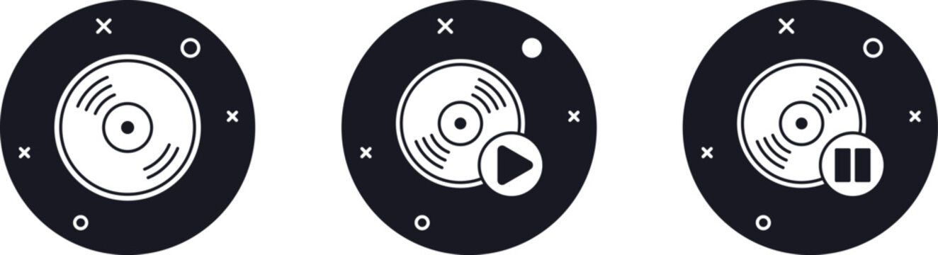 record vinyl icon set, The view from the top. Gramophone LP vinyl record. Retro design. Old CDs, music. DJ equipment for disco or techno party. discotheque nostalgia concept. Vector graphic design 