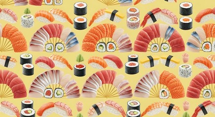 Fototapeta premium Vibrant Sushi and Sashimi Assortment Pattern, Japanese Food Art, Yellow Background