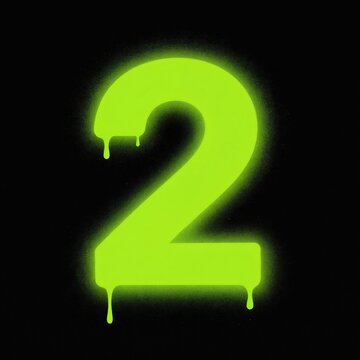 Bright neon green spray painted number two drips down on black background. Number symbol has glowing outline effect. Modern graphic design element.