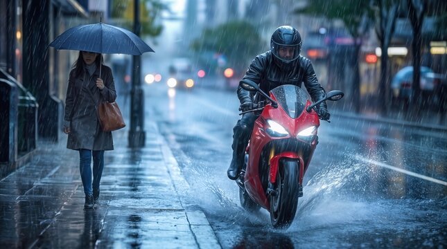 Sport motorcycle splashing through puddles on rainy city street. Biker in protective gear riding in wet weather while pedestrian walks with umbrella on sidewalk.