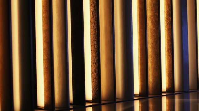 Vertical golden bars with warm light illumination. Textured and smooth panels create a luxurious, modern abstract design suitable for interiors or business concepts. Reflective surface adds depth.