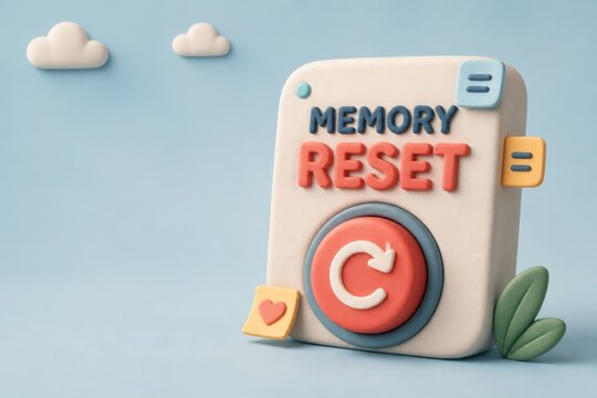 Memory reset 3D render with soft button icon and pastel clouds