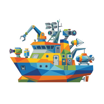 Abstract Research Vessel with Submarine and Crane, Colorful Low Poly Design