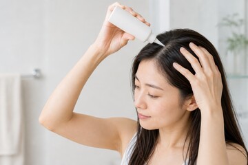 Naklejka premium 明るい部屋で頭皮にスプレーする女性の朝のヘアケア