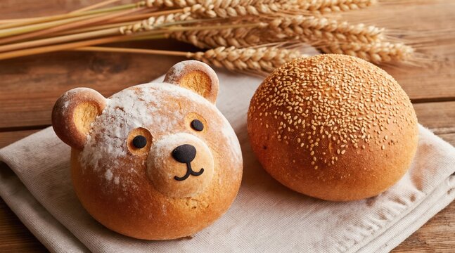 Cute bear shaped bread dusted with flour sits beside sesame seed bun. Wheat stalks are in background on rustic wood table. Baked goods are on cloth napkin. This is great for bakery ads.