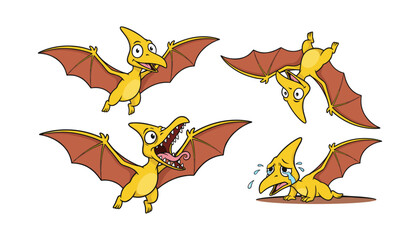 Set of cute yellow pterodactyl dinosaur characters in flight with pterodactyl © MorsidaStock