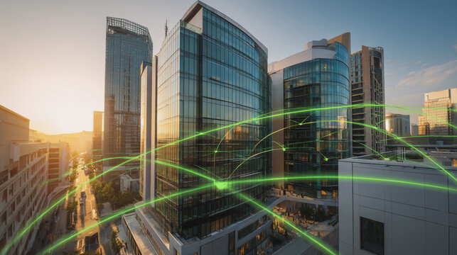Smart city with connection network reciprocity over the cityscape social media networking systems that connects on the peak of success amid tall, innovative Smart city and graphs with statistics