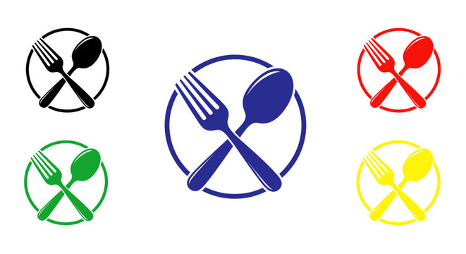 Set of colorful crossed spoon and fork dining icons in circles