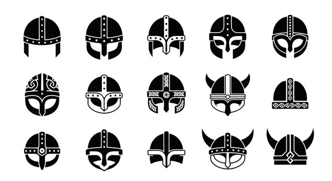 Ancient nordic warrior helmet collection with viking armor symbols