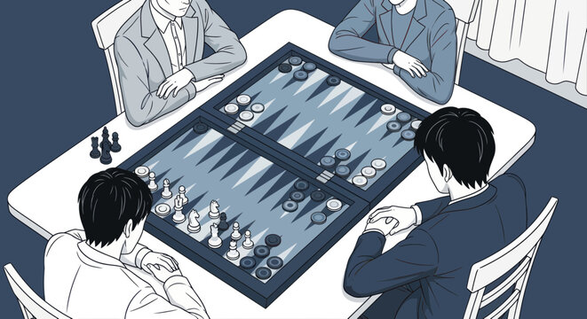 Four men playing backgammon and chess strategy board games