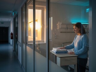 Obraz premium Caring Nurse Organizes Clean Linens In Minimalist Hospital Room At Sunset