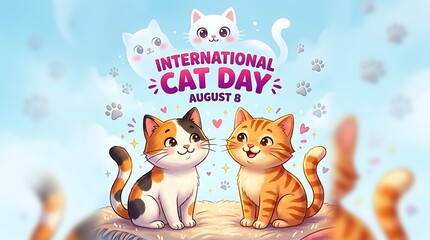 Fototapeta premium Adorable cartoon kittens celebrating international cat day with cute expressions and playful paw prints around them
