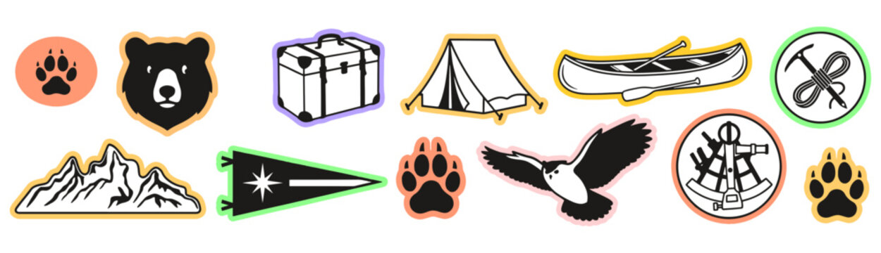 Vintage camping and outdoor adventure sticker set mountain hiking badges wild bear wildlife animal tracks and wilderness tent vector patch collection