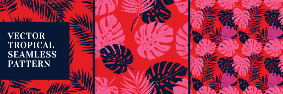 Three Seamless Tropical Leaf Patterns in Red, Pink, and Dark Blue Color Palette tropical leaves seamless pattern