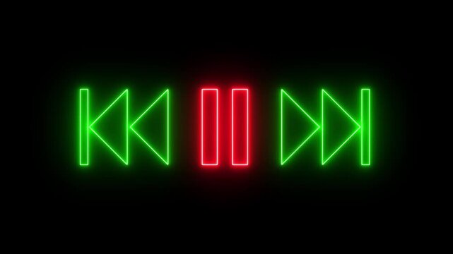 Neon glowing media player control buttons with skip back pause and skip forward icons in bright green and red light lines on a dark black background representing digital music and video interface