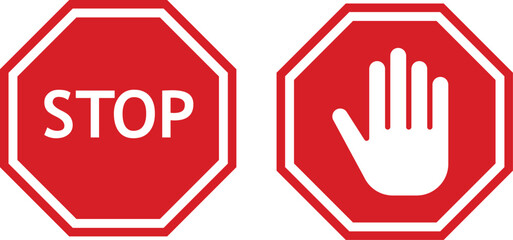 Two Red Octagon Stop Signs with Text and Hand Symbol © Sumbal