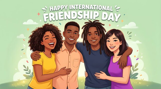 Happy diverse group of friends hugging and smiling together on international friendship day celebration