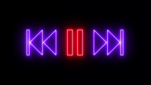 Neon glowing media player control buttons with rewind pause and fast forward symbols in purple and red light on a dark black background for digital audio video interface design