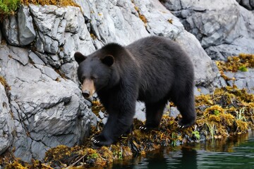 Obraz premium Large black bear walks on mossy shore rocks near calm water. This wild mammal has thick dark fur and sharp claws. It looks for food in its natural habitat.