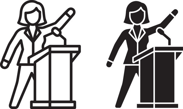 Public speaker icon set, female politician at podium vector, woman giving speech at lectern, professional conference presenter line art