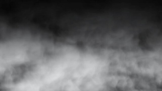 White smoke isolated on black screen background chroma key, Street with a dark horror atmosphere, Thick white rolling fog or smoke bank enters from bottom left, spreading to fill the screen. 4k video