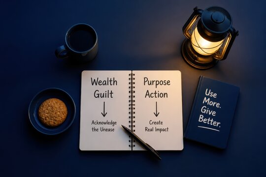 Purpose and wealth concept on dark desk flat lay