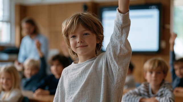 Elementary students in a classroom erupt in laughter and raised hands as a gamified quiz avatar animates across the smartboard, the teacher managing a timer while correct answers